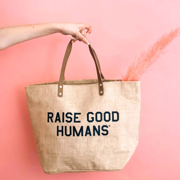 RESTOCKED Premium Laminated Jute Market Tote Bag “Raise Good Humans” - Picture 2 of 4
